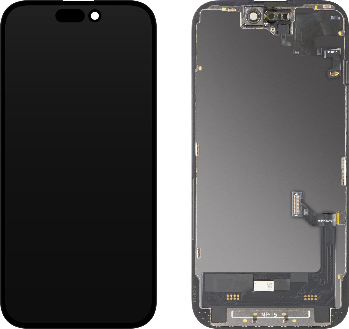 Display med berøringsskjerm og nærhetssensor MP kompatibel med Apple iPhone 15, med ramme, OLED FHD diagnostisk programvareversjon, svart