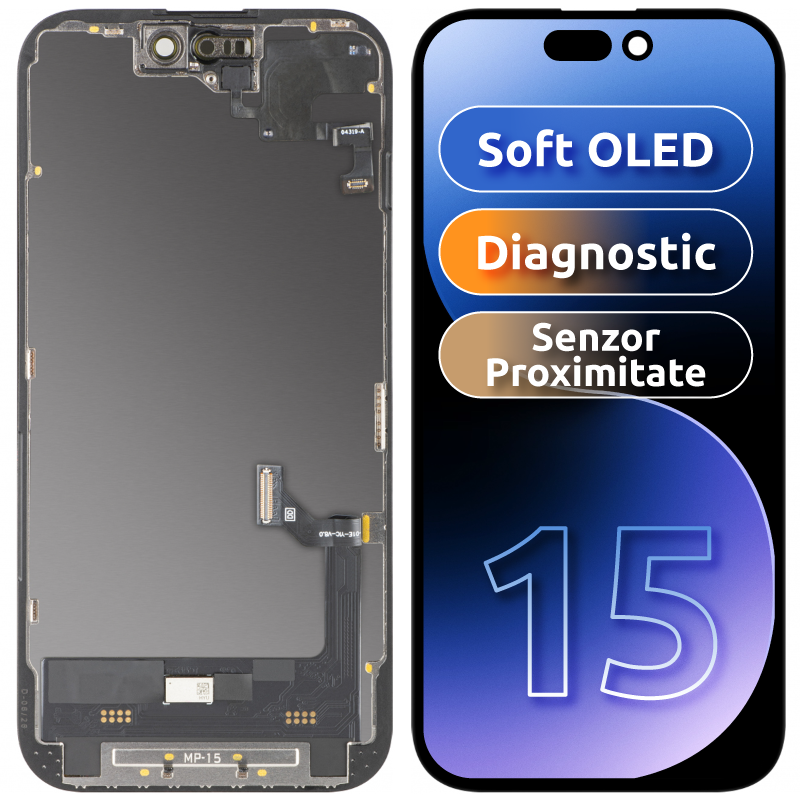 Display med berøringsskjerm og nærhetssensor MP kompatibel med Apple iPhone 15, med ramme, OLED FHD diagnostisk programvareversjon, svart