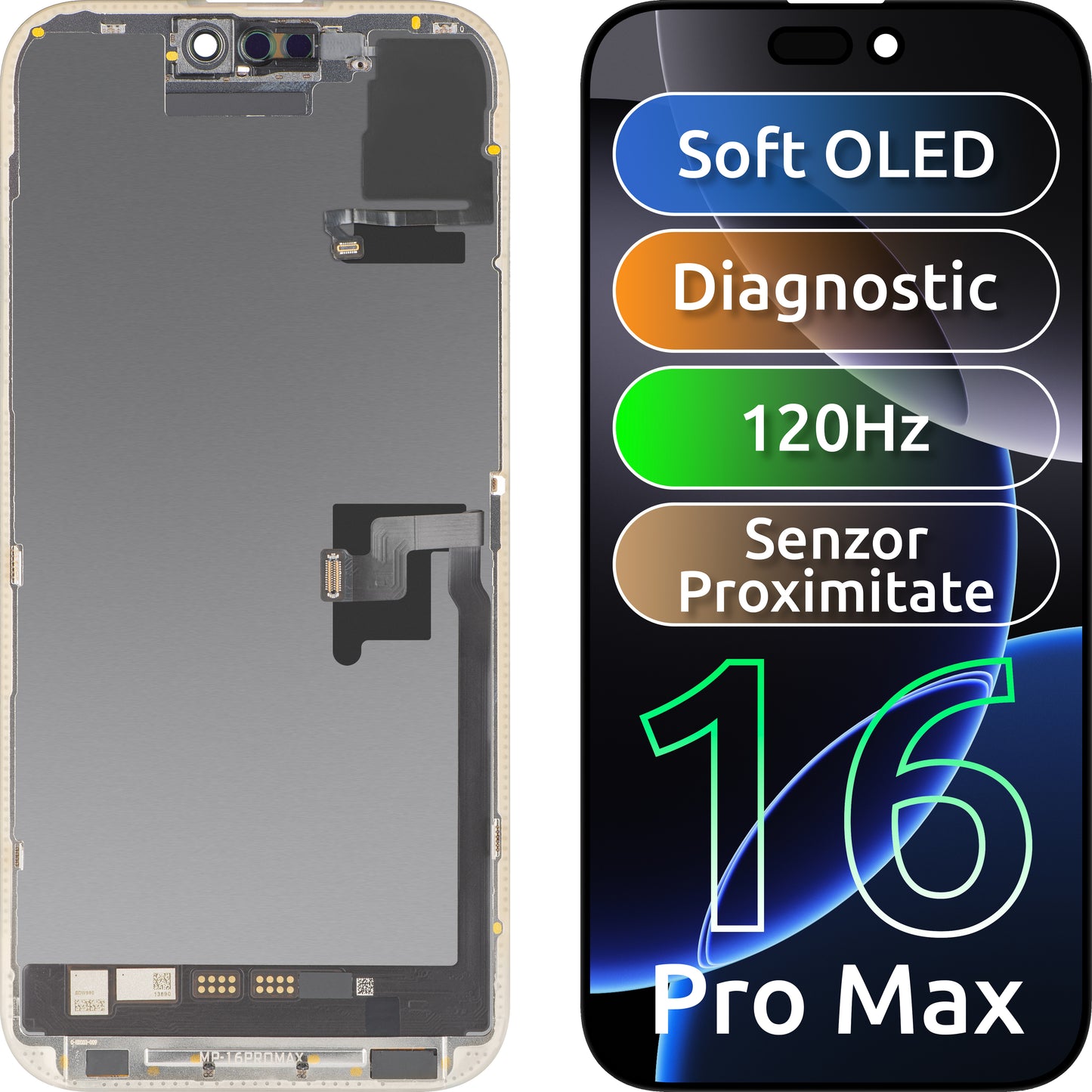 Berøringsskjerm og nærhetssensor MP-kompatibel med Apple iPhone 16 Pro Max, med ramme, OLED FHD 120Hz diagnostisk programvareversjon, svart