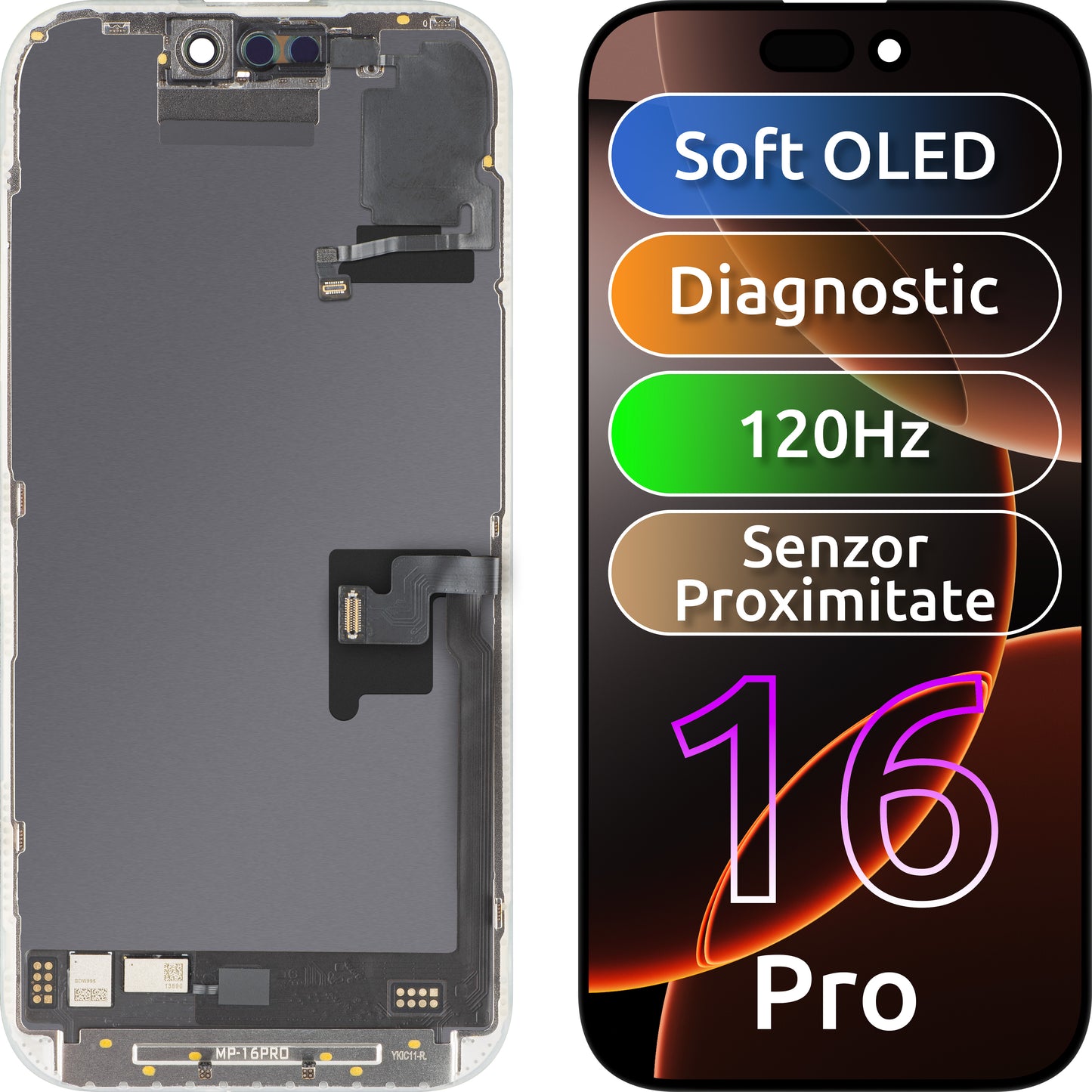 Touchskjermdisplay med lysnærhetssensor MP kompatibel med Apple iPhone 16 Pro, med ramme, OLED FHD 120Hz diagnostisk programvareversjon, svart