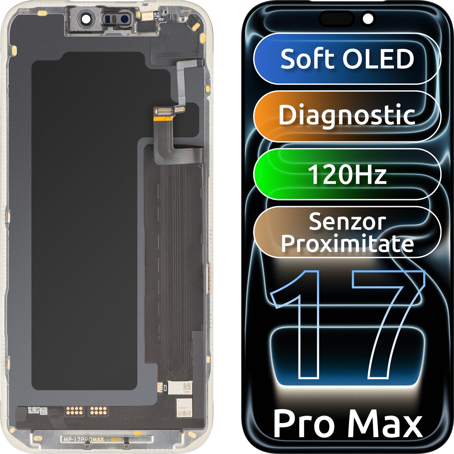 Touchskjermdisplay med lysnærhetssensor MP kompatibel med Apple iPhone 17 Pro Max, med ramme, OLED FHD 120Hz diagnostisk programvareversjon, svart