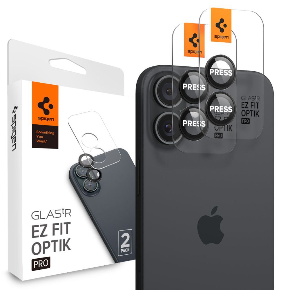 Beskyttelsesfilm for bakre kamera Spigen GlastR EZ FIT Optik Pro for Apple iPhone 17 / 16 Plus / 16, Herdet glass, Sett med 2 stykker, Svart AGL07921
