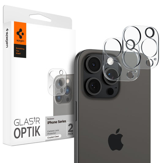 Spigen Optik bakre kamerabeskyttelsesfilm for Apple iPhone 15 Pro Max / 15 Pro, glassbeskyttet, full liming, sett med 2 deler, gjennomsiktig