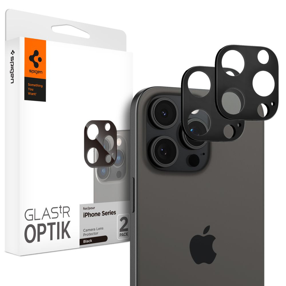 Beskyttelsesfilm for bakre kamera Spigen GlastR Optik for Apple iPhone 16 Pro Max, Herdet glass, Sett med 2 stykker, Svart AGL05273