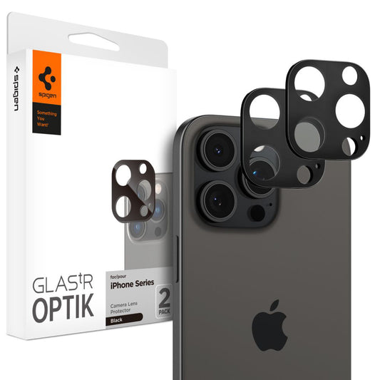 Spigen Optik bakre kamerabeskyttelsesfilm for Apple iPhone 15 Pro Max / 15 Pro, glassbeskyttet, full liming, sett med 2 deler, svart AGL05273