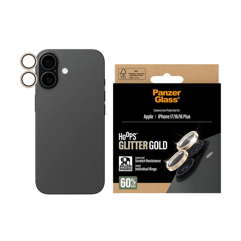 Bakre kamera beskyttelsesfilm PanzerGlass Hoops Glitter for Apple iPhone 17 / 16 Plus / 16, Herdet glass, Gull