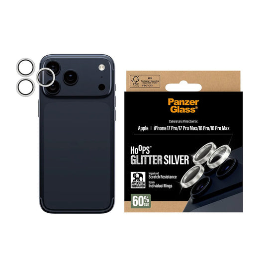 Bakre kamera beskyttelsesfilm PanzerGlass Hoops Glitter for Apple iPhone 17 Pro Max / 17 Pro / 16 Pro Max / 16 Pro, Herdet glass, Sølv