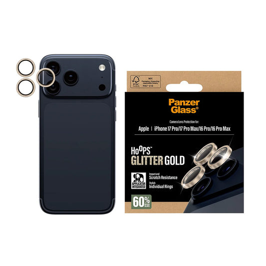 Bakre kamera beskyttelsesfilm PanzerGlass Hoops Glitter for Apple iPhone 17 Pro Max / 17 Pro / 16 Pro Max / 16 Pro, Herdet glass, Gull