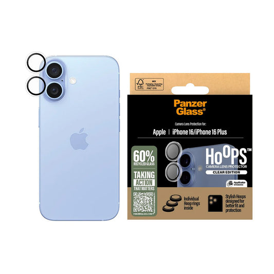 Bakre kamera beskyttelsesfilm PanzerGlass Hoops for Apple iPhone 16 Plus / 16, Herdet glass, Gjennomsiktig