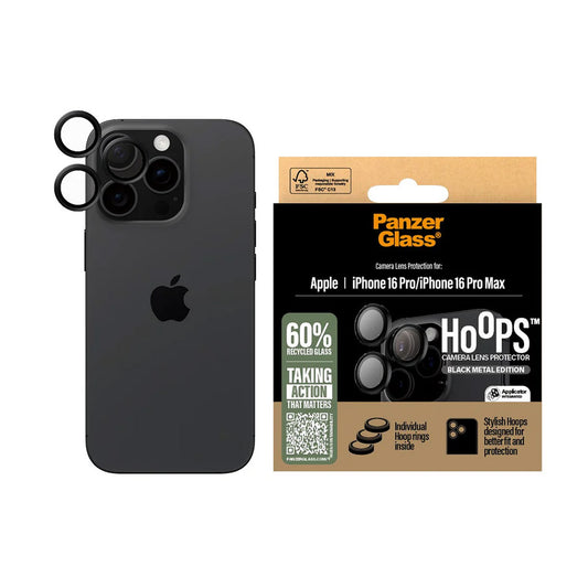 Beskyttelsesfolie for bakre kamera PanzerGlass Hoops for Apple iPhone 16 Pro Max / 16 Pro, Herdet glass, Svart