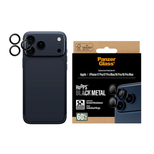 Bakre kamera beskyttelsesfilm PanzerGlass Hoops for Apple iPhone 17 Pro Max / 17 Pro / 16 Pro Max / 16 Pro, Herdet glass, Svart