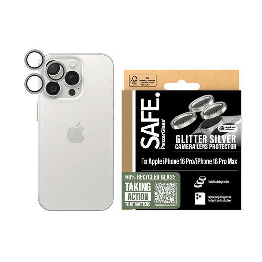 Bakre kamera beskyttelsesfilm PanzerGlass Safe. Glitter for Apple iPhone 16 Pro Max / 16 Pro, Herdet glass, Sølv
