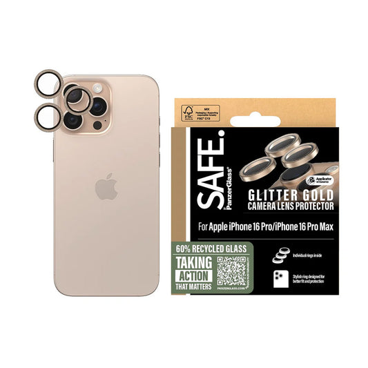 Bakre kamera beskyttelsesfilm PanzerGlass Safe. Glitter for Apple iPhone 16 Pro Max / 16 Pro, Herdet glass, Gull