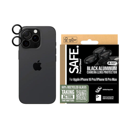 Beskyttelsesfolie for bakre kamera PanzerGlass Safe. for Apple iPhone 16 Pro Max / 16 Pro, Herdet glass, Svart.