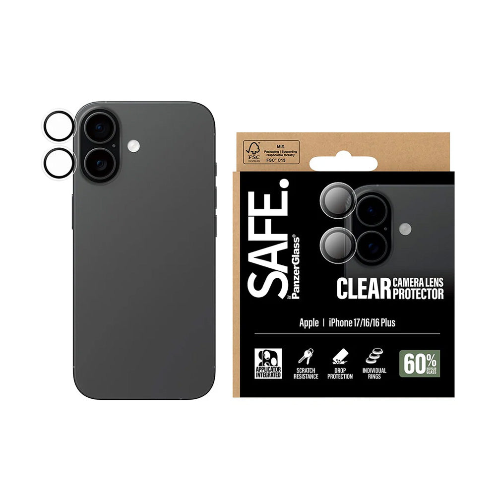 Beskyttelsesfolie for bakre kamera PanzerGlass Safe. for Apple iPhone 17 / 16 Plus / 16, Herdet glass, Gjennomsiktig