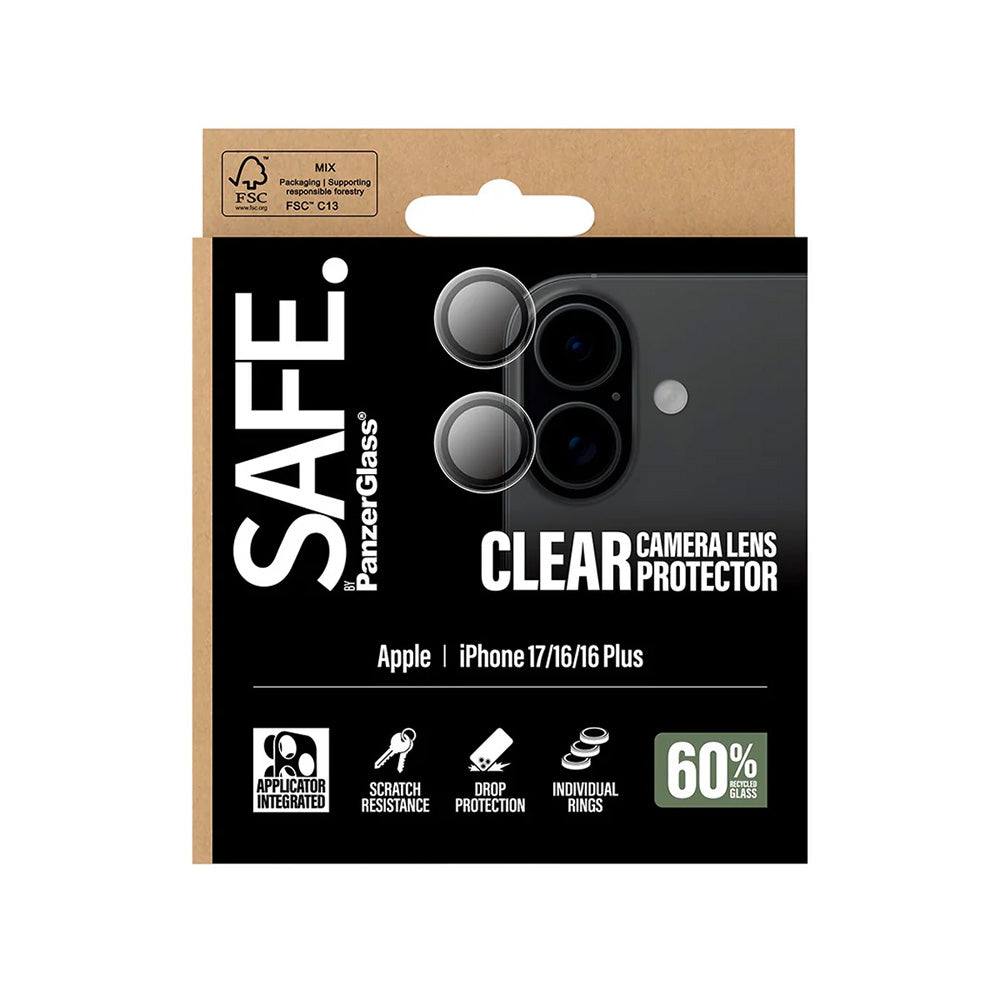 Beskyttelsesfolie for bakre kamera PanzerGlass Safe. for Apple iPhone 17 / 16 Plus / 16, Herdet glass, Gjennomsiktig