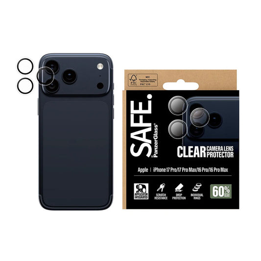 Bakre kamera beskyttelsesfilm PanzerGlass Safe. for Apple iPhone 17 Pro Max / 17 Pro / 16 Pro Max / 16 Pro, Herdet glass, Gjennomsiktig.