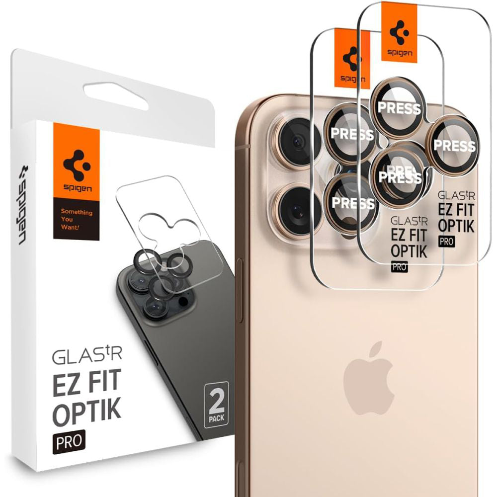Bakre kamerabeskyttelsesfolie Spigen GlastR EZ FIT Optik Pro for Apple iPhone 16 Pro, Herdet glass, Sett med 2 stykker, Bronse AGL08862