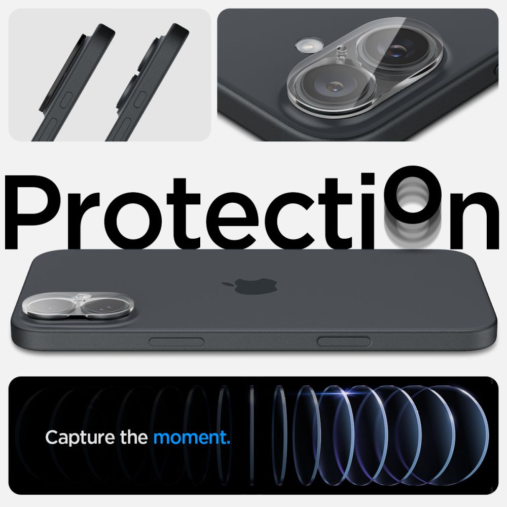 Beskyttelsesfilm for bakre kamera Spigen GlastR Optik for Apple iPhone 16 Plus / 16, Herdet glass, Sett med 2 stk, Transparent AGL07923