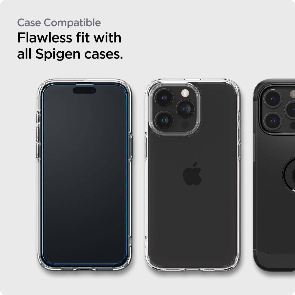 Spigen Align Master skjermbeskytter for Apple iPhone 15 Pro, beskyttelsesglass, hellimt, sett med 2 deler, 2,5D, svart