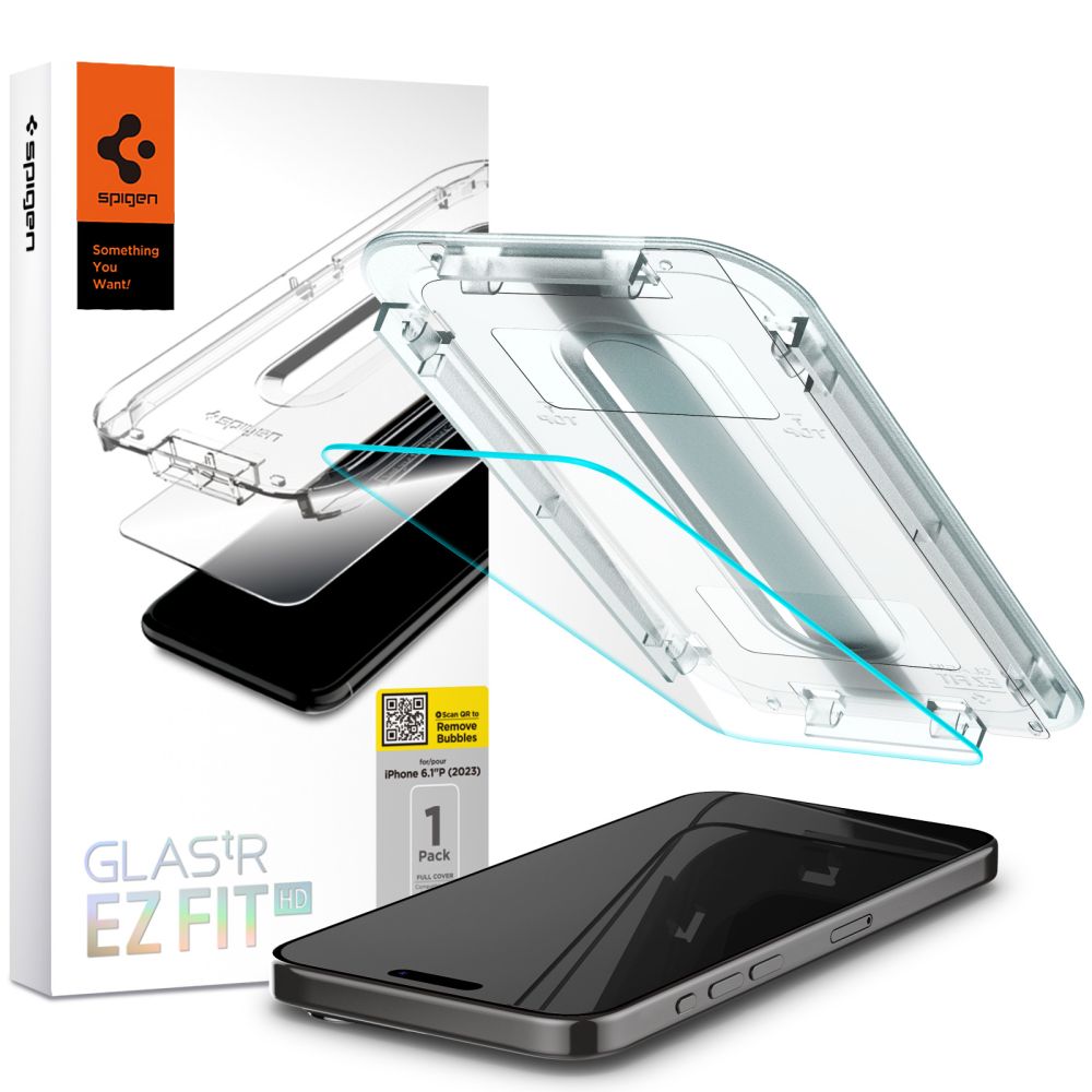 Skjermbeskytter Spigen GlastR EZ FIT HD for Apple iPhone 15 Pro, Herdet glass, Full lim, 2.5D AGL06898