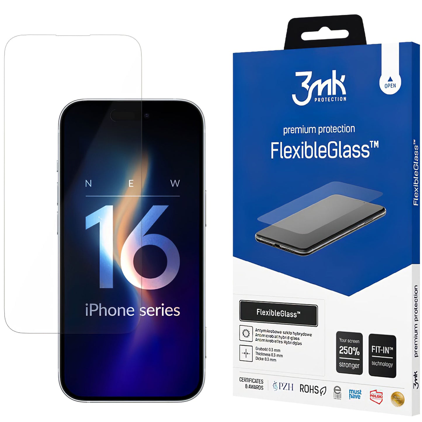 3MK FlexibleGlass skjermbeskyttelse for Apple iPhone 16, fleksibelt glass, full lim