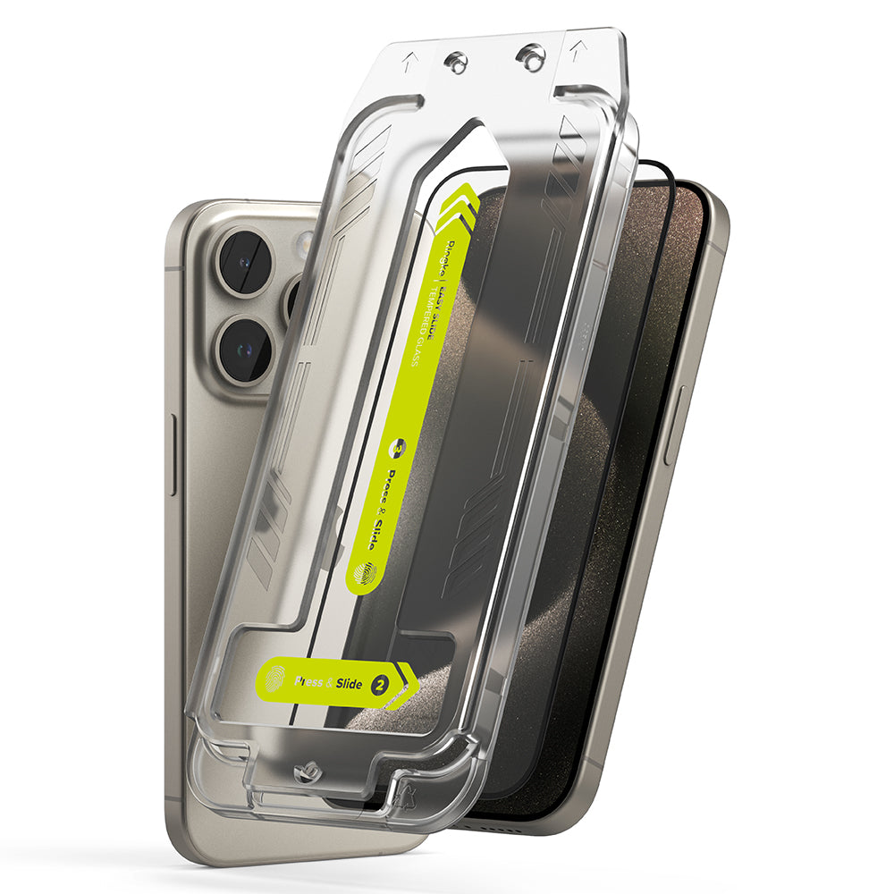 Skjermbeskytter Ringke Easy Slide for Apple iPhone 15 Pro Max, Herdet glass, Full lim, Sett med 2 stykker, Svart