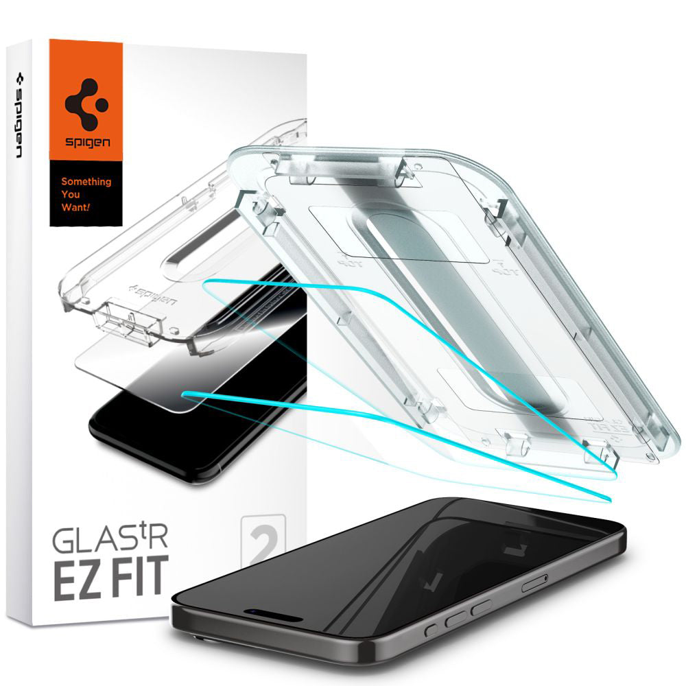 Skjermbeskyttelsesfolie Spigen GlastR EZ FIT for Apple iPhone 15 Pro Max, Herdet glass, Full lim, Sett med 2 stykker AGL06872