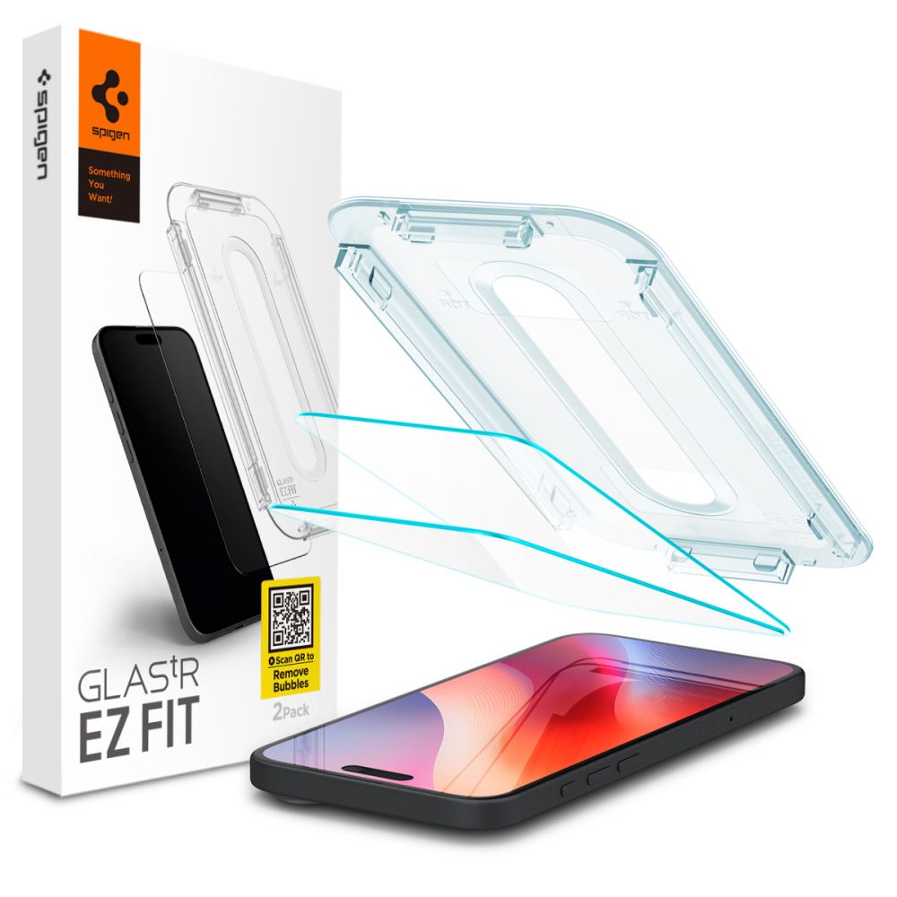 Skjermbeskyttelsesfolie Spigen GlastR EZ FIT for Apple iPhone 17 Pro / 17 / 16 Pro, Herdet glass, Full lim, Sett med 2 stykker