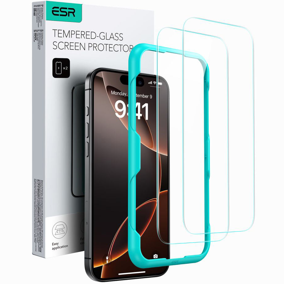 Beskyttelsesfilm ESR-skjerm for Apple iPhone 16 / 15, Herdet glass, Full lim, Sett med 2 stykker, Svart