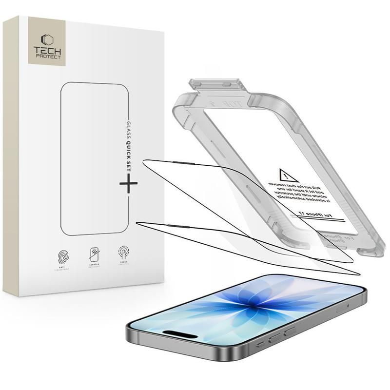 Beskyttelsesfilm for skjerm Tech-Protect Quick Set+ for Apple iPhone 17, Herdet glass, Full lim, Sett med 2 stykker, Svart