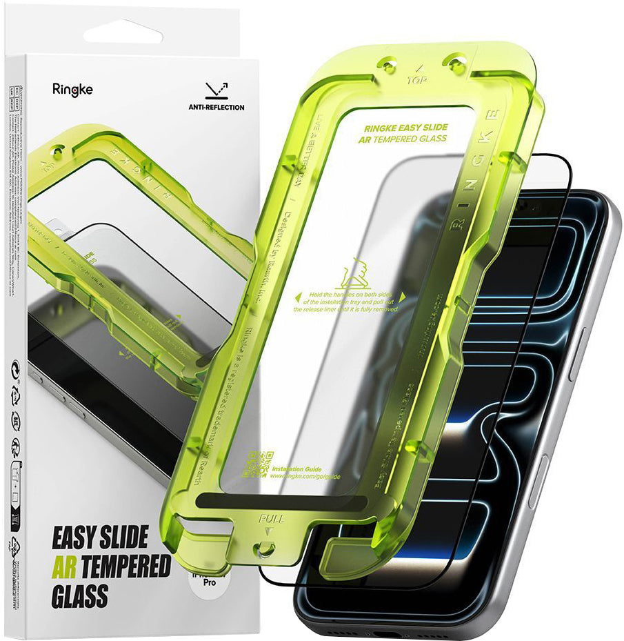 Ringke Easy Slide AR skjermbeskyttelse for Apple iPhone 17 Pro, Herdet glass, Full lim, 2.5D, Svart, Reseglet