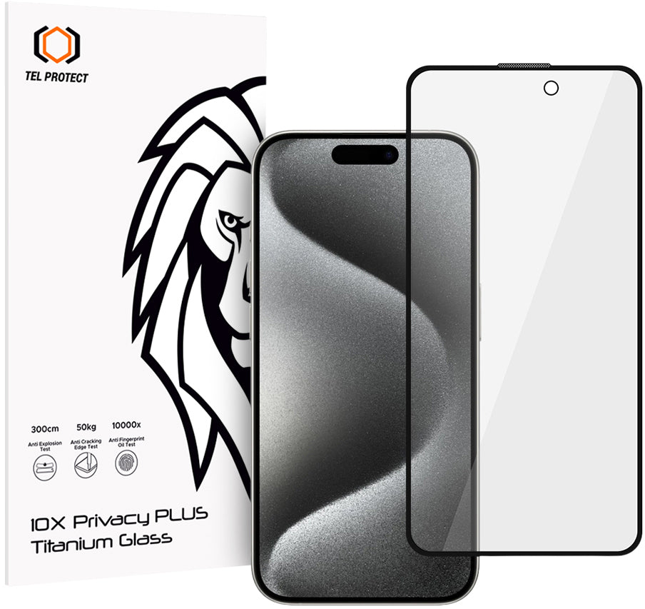 Tel Protect 10X Plus Titanium skjermbeskytter med personvernfilter for Apple iPhone 17 / 16 Pro, herdet glass, heldekkende limflate