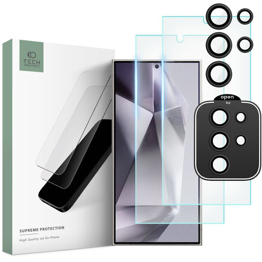 Tech-Protect Supreme skjerm- og bakkamerabeskyttelsesfilm for Samsung Galaxy S24 Ultra S928, glassbeskyttet, full liming, sett med 3 deler, 2,5D