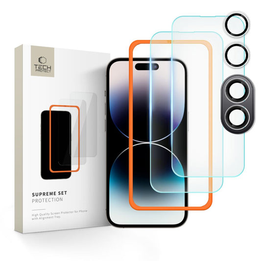 Tech-Protect Supreme beskyttelsesfilm for skjerm og kamera på baksiden til Apple iPhone 16 Plus, glassbeskyttet, full liming