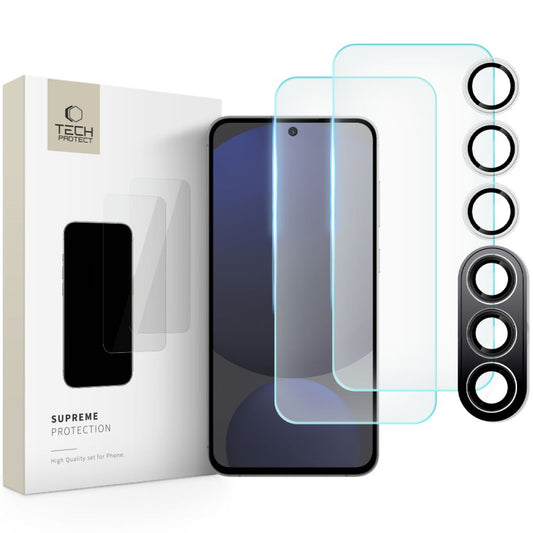 Tech-Protect Supreme beskyttelsesfilm for skjerm og kamera på baksiden til Samsung Galaxy S24 FE S721, glassbeskyttet, fulllimt, 2,5D