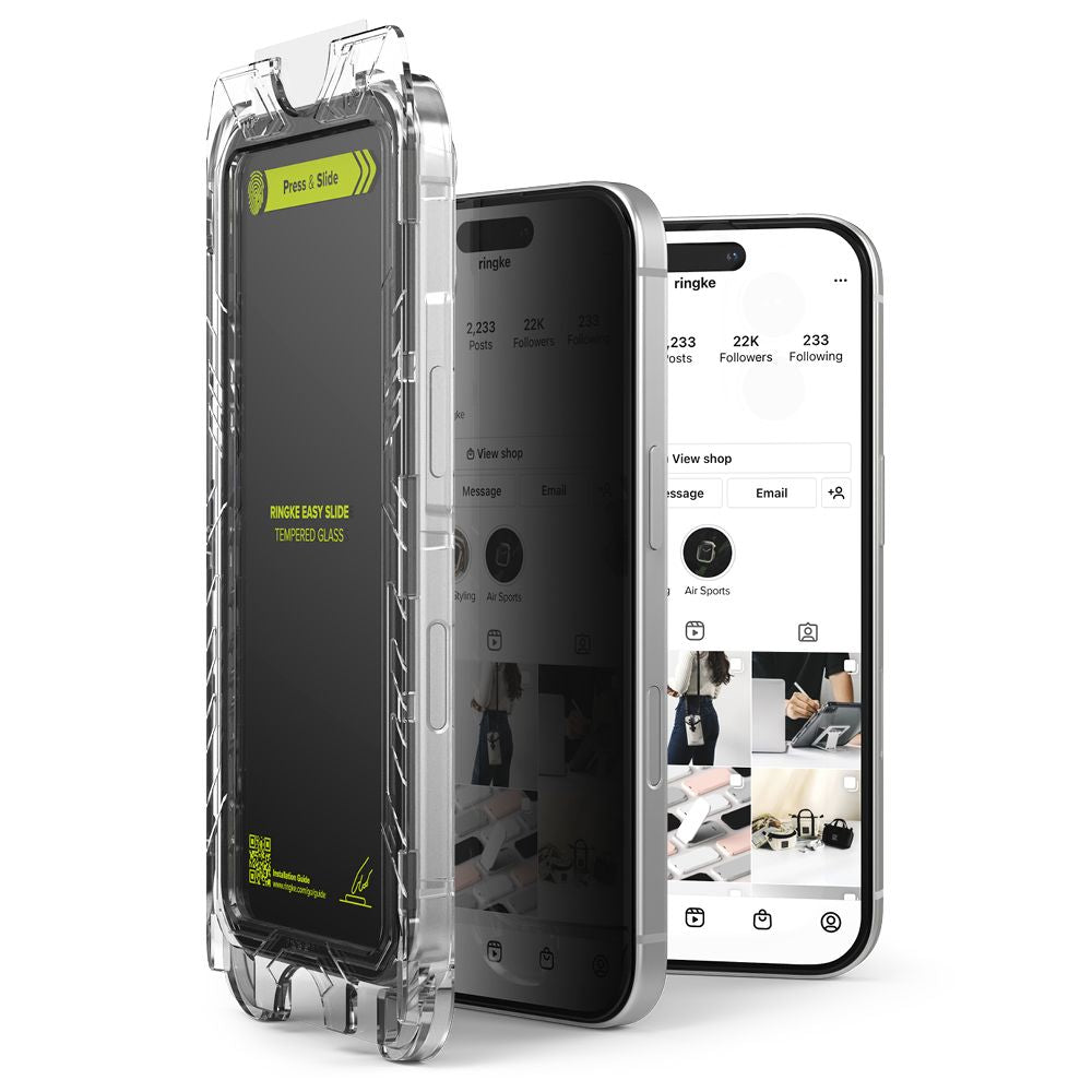 Skjermbeskytter Privacy Ringke Easy Slide for Apple iPhone 16 / 15, Herdet glass, Full lim, Sett med 2 stykker