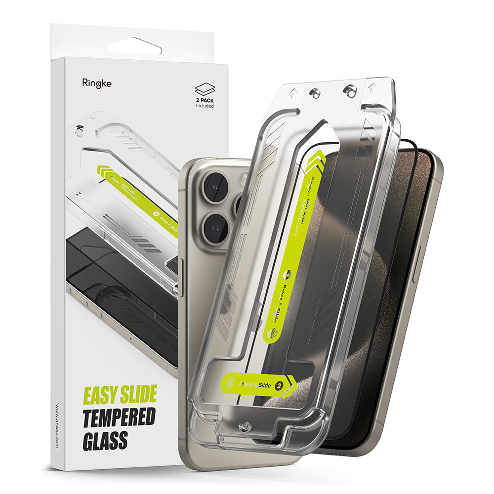 Skjermbeskytter Ringke Easy Slide for Apple iPhone 15 Pro Max, Herdet glass, Full lim, Sett med 2 stykker, Svart