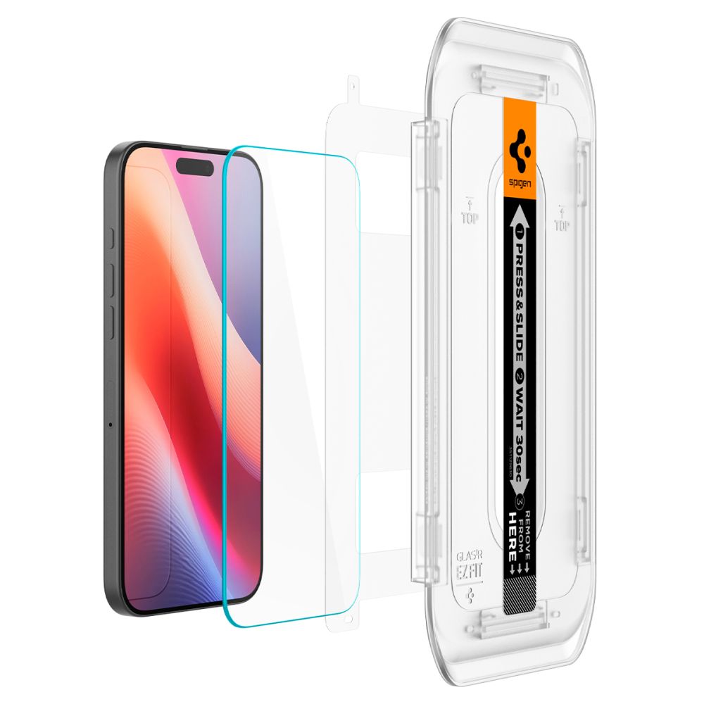 Skjermbeskyttelsesfolie Spigen GlastR EZ FIT for Apple iPhone 17 Pro / 17 / 16 Pro, Herdet glass, Full lim, Sett med 2 stykker
