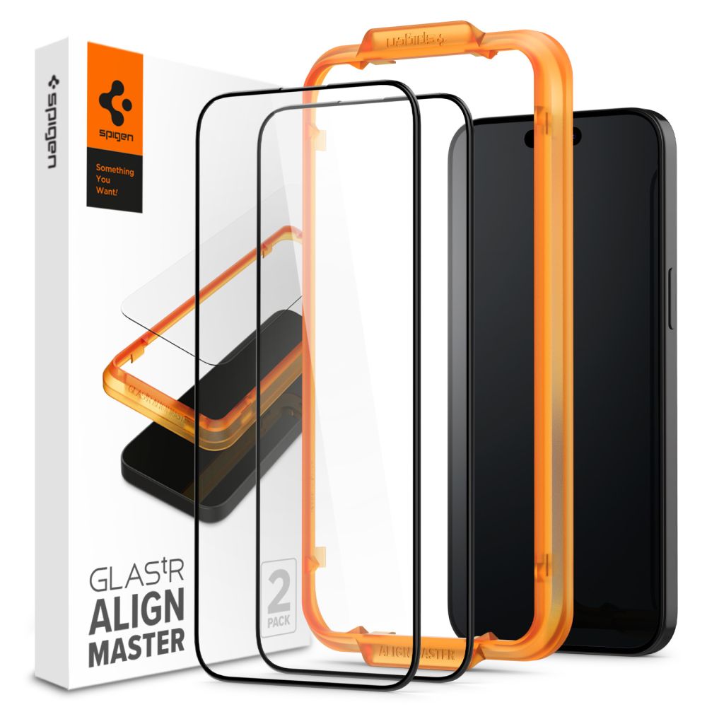 Spigen Align Master skjermbeskytter for Apple iPhone 15 Pro, beskyttelsesglass, hellimt, sett med 2 deler, 2,5D, svart
