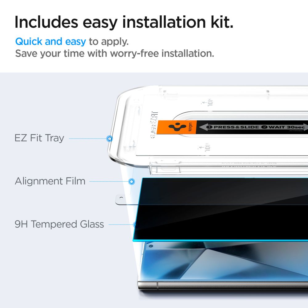Spigen EZ FIT Privacy skjermbeskytter for Samsung Galaxy S24 Ultra S928, glassbeskyttet, full lim, sett med 2 stk.