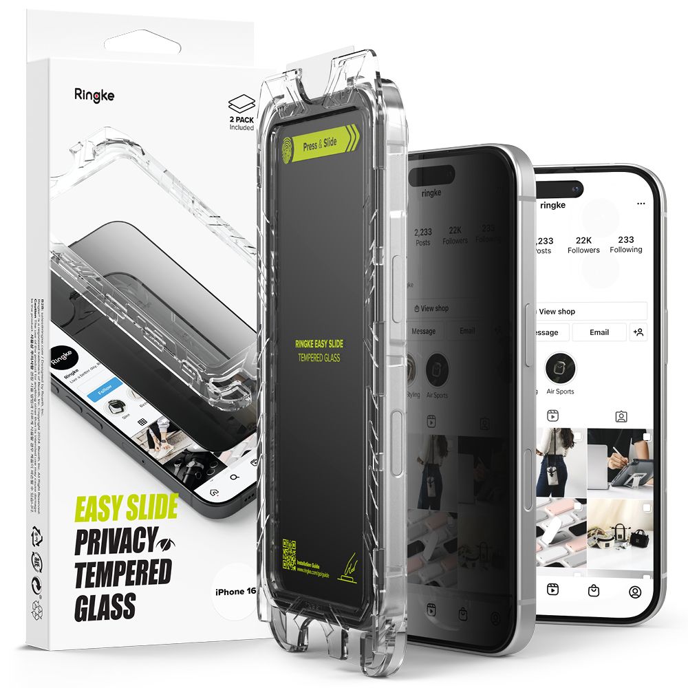 Skjermbeskytter Privacy Ringke Easy Slide for Apple iPhone 16 / 15, Herdet glass, Full lim, Sett med 2 stykker