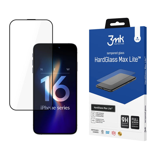 Skjermbeskyttelsesfilm 3MK HardGlass Max Lite for Apple iPhone 17 / 16 Pro, Herdet glass, Full lim, Svart