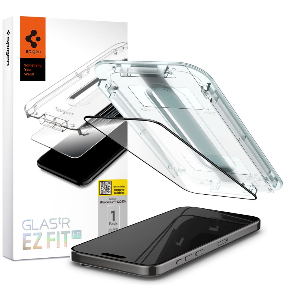 Skjermbeskytter Spigen GlastR EZ FIT HD for Apple iPhone 15, Herdet glass, Full lim, 2.5D, Svart AGL06908