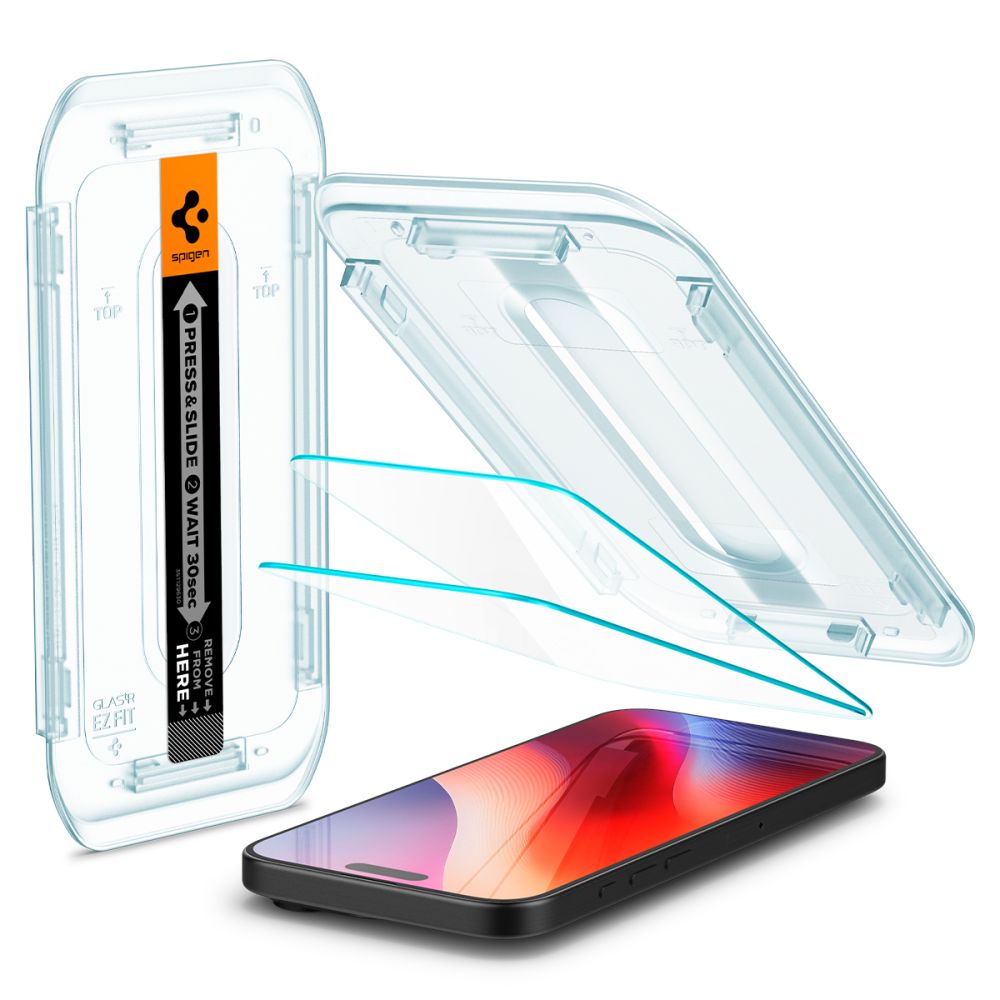 Skjermbeskyttelsesfolie Spigen GlastR EZ FIT for Apple iPhone 17 Pro / 17 / 16 Pro, Herdet glass, Full lim, Sett med 2 stykker