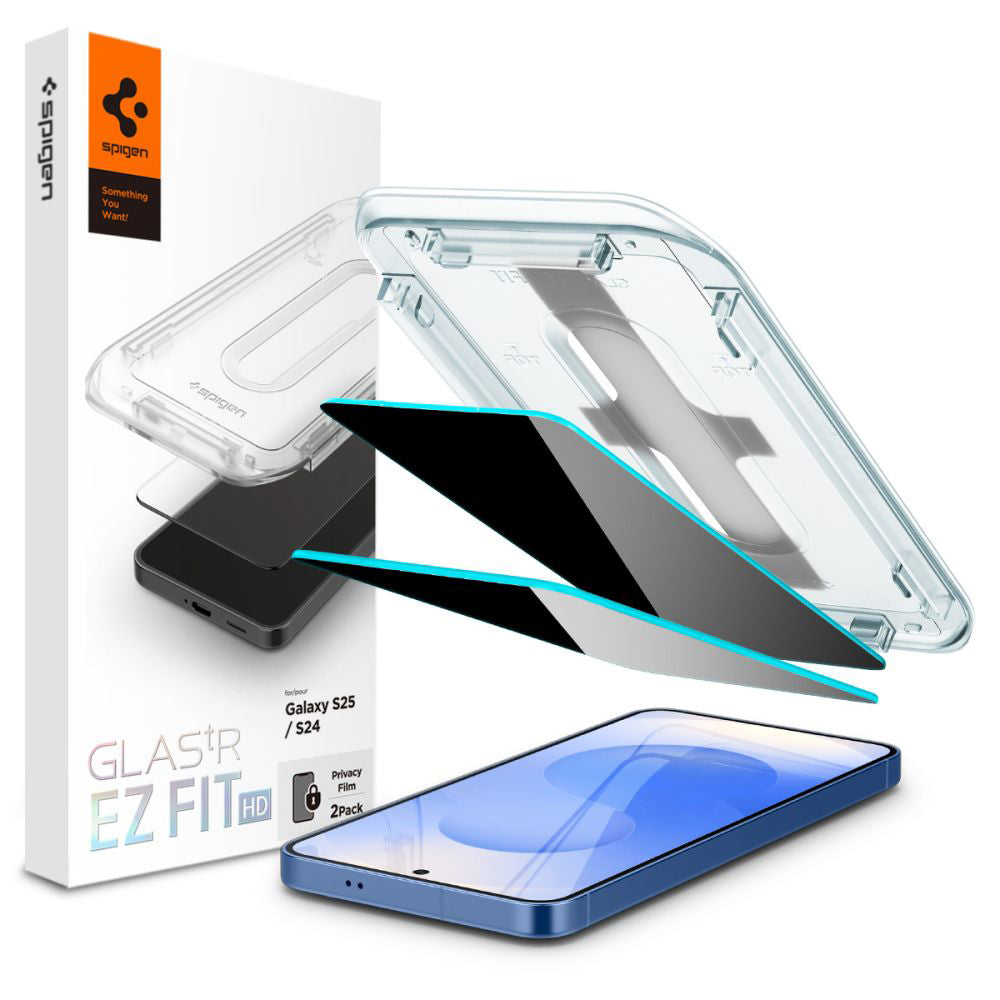 Privacy-skjermbeskyttelse Spigen GlastR EZ FIT HD for Samsung Galaxy S25 S931 / S24 S921, Herdet glass, Full lim, Sett med 2 stk