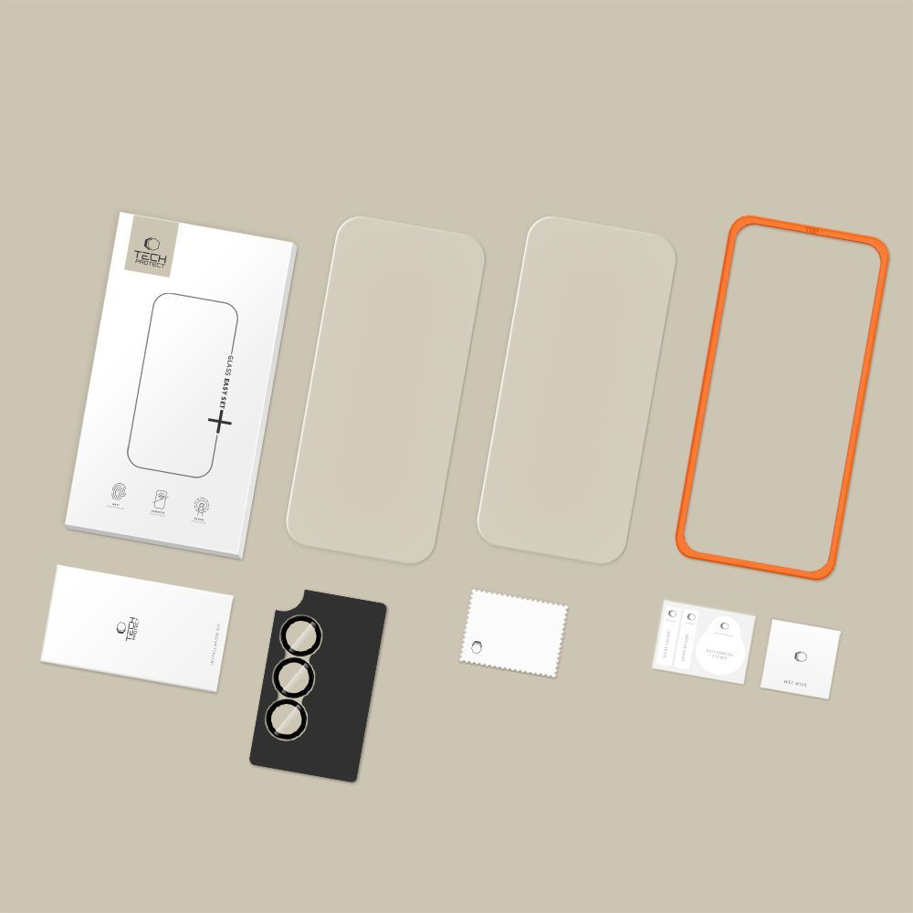 Beskyttelsesfolie for skjerm og bakre kamera Tech-Protect Quick Set+ for Samsung Galaxy A57 5G, Herdet glass, Full lim, Sett med 3 stykker