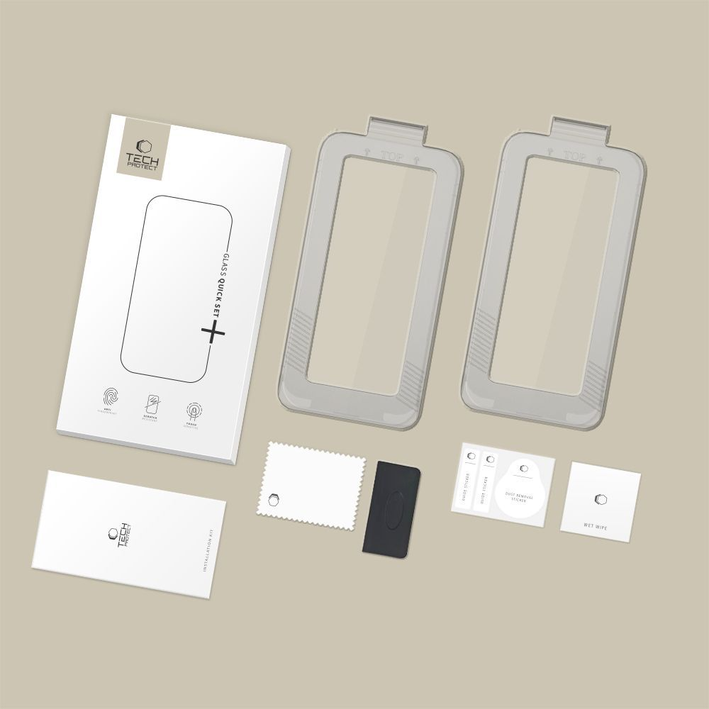 Beskyttelsesfilm for skjerm Tech-Protect Quick Set+ for Apple iPhone 17, Herdet glass, Full lim, Sett med 2 stykker, Svart