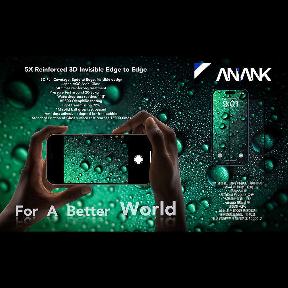 Skjermbeskytter Anank 5X Forsterket Usynlig for Apple iPhone 17 Pro Max, Herdet Glass, Full Lim, 3D, Svart