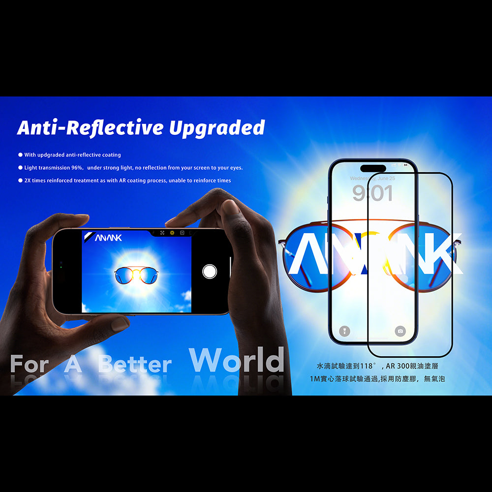 Skjermbeskytter Anank Anti Reflection for Apple iPhone 17 Pro, Herdet Glass, Full Glue, 2.5D, Svart